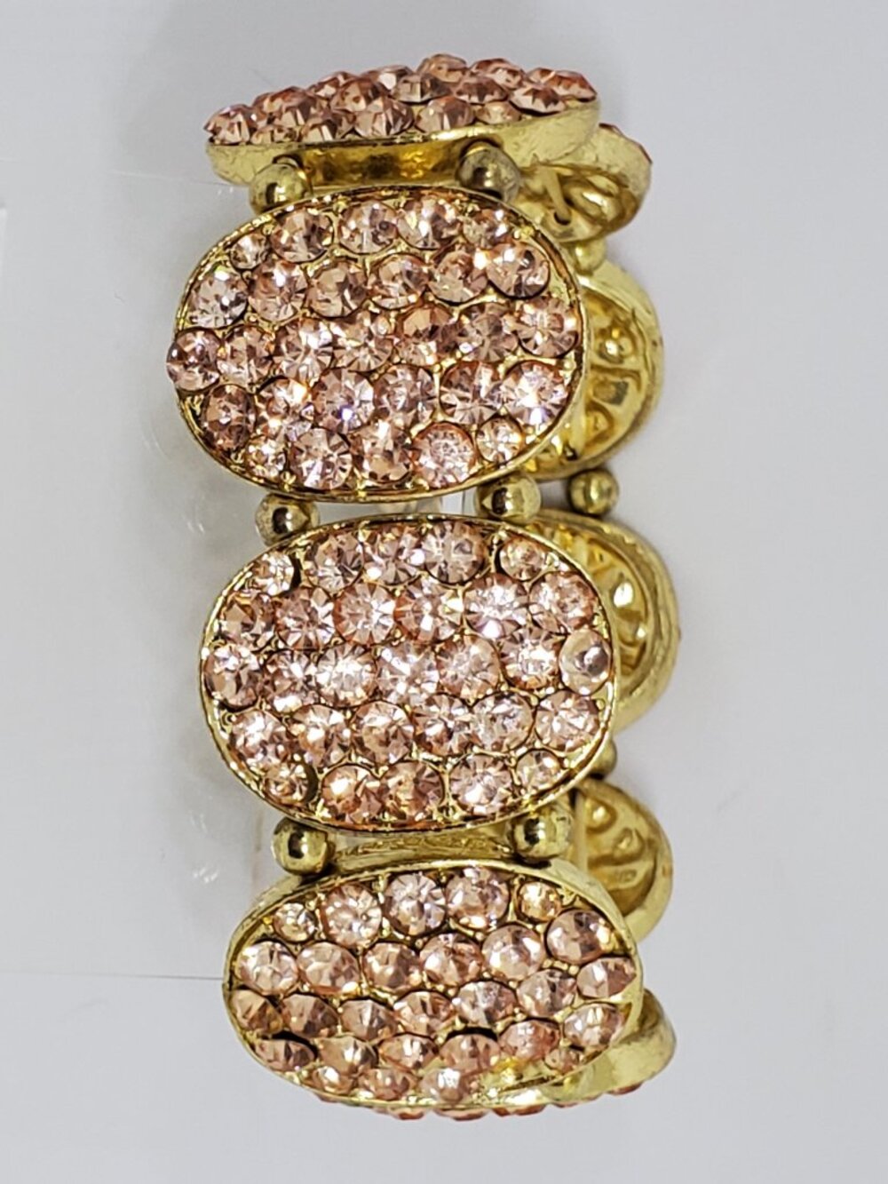 Pink Pave Rhinestone Oval Link Gold Finish Stretch Bracelet Vintage